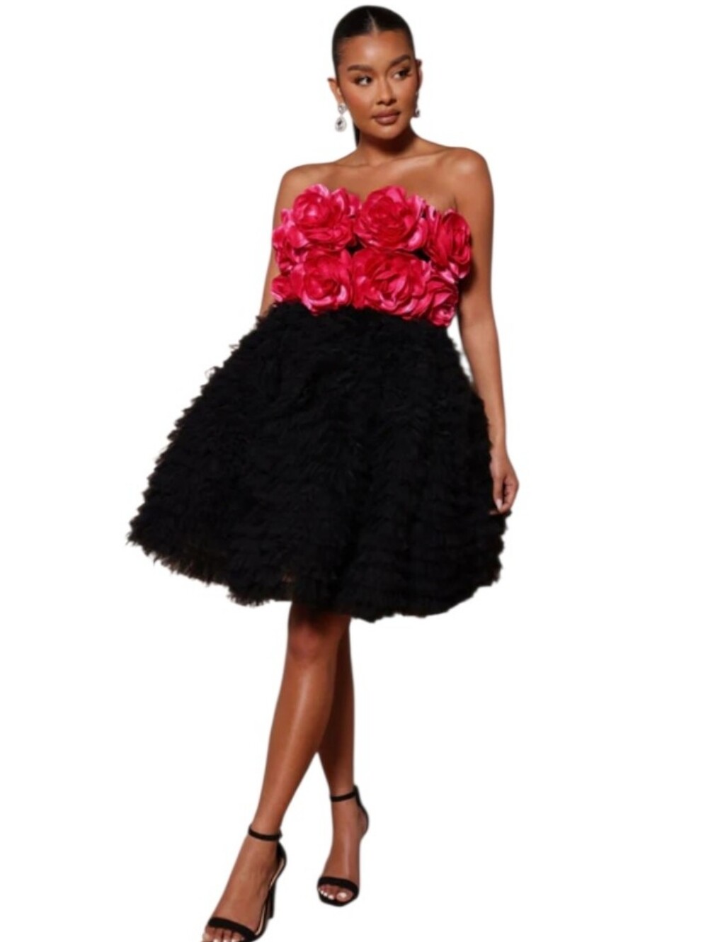 Nova Luxe Nwt Hot Pink Roses Black Avante Garde Tulle One Last Dance Ruffle Mini